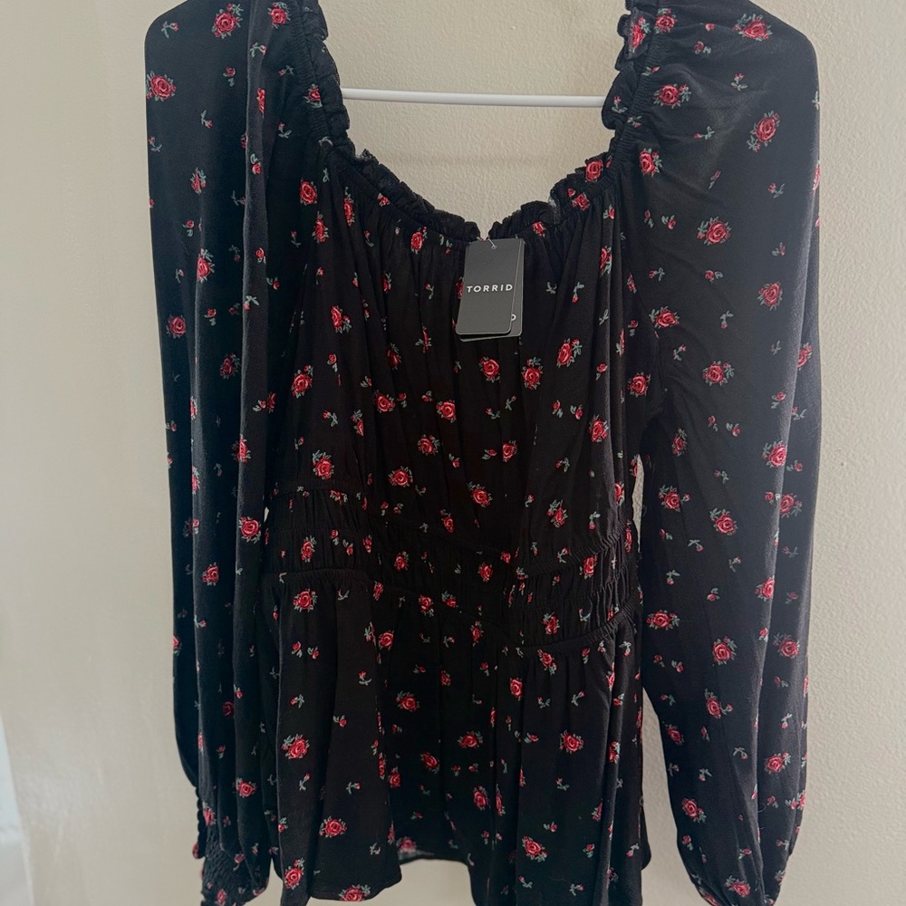torrid Black Floral Peasant Blouse with Red Rose Print